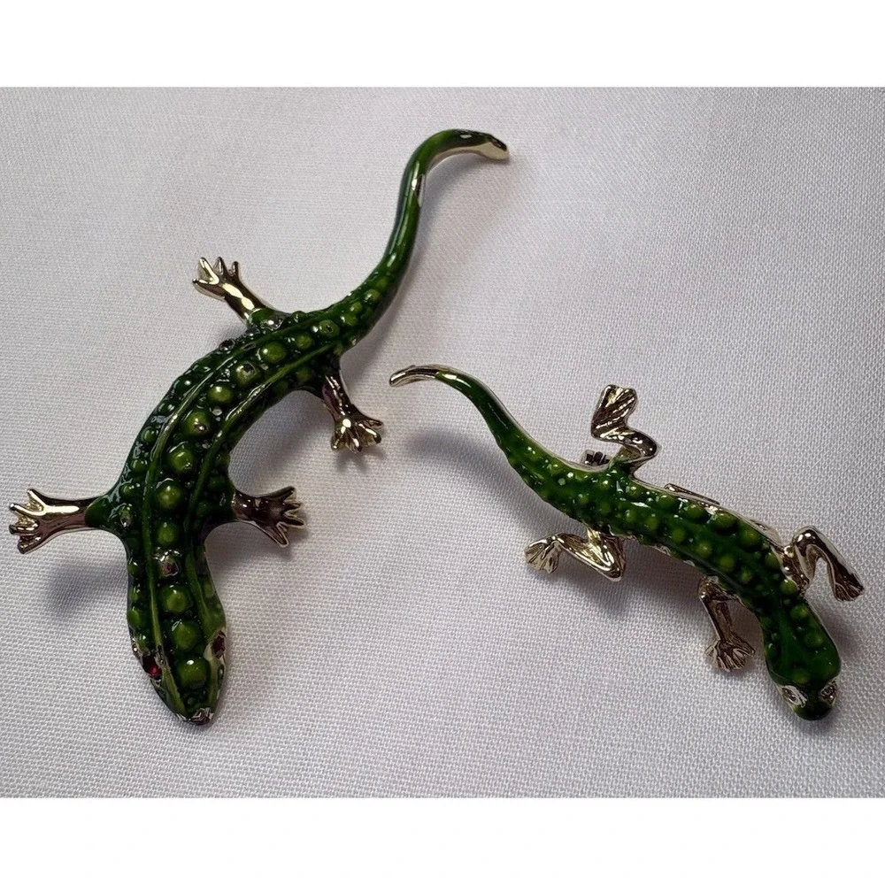 Vintage 80s Green Enamel Lizard Gecko Brooch Pin Set 2pc Mother Baby Reptile